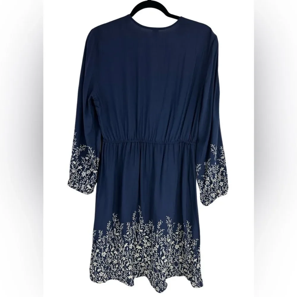 Old Navy Womens Navy Floral Peasant Dress V Neck Long Sleeves Blue Boho Size M
